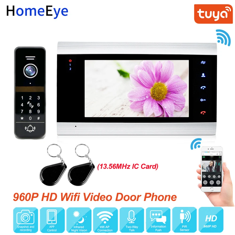 Tuya App Remote Control WiFi IP Video Door Phone Video Intercom 960P Home Access Control System Keypad+IC Card Motion Detection