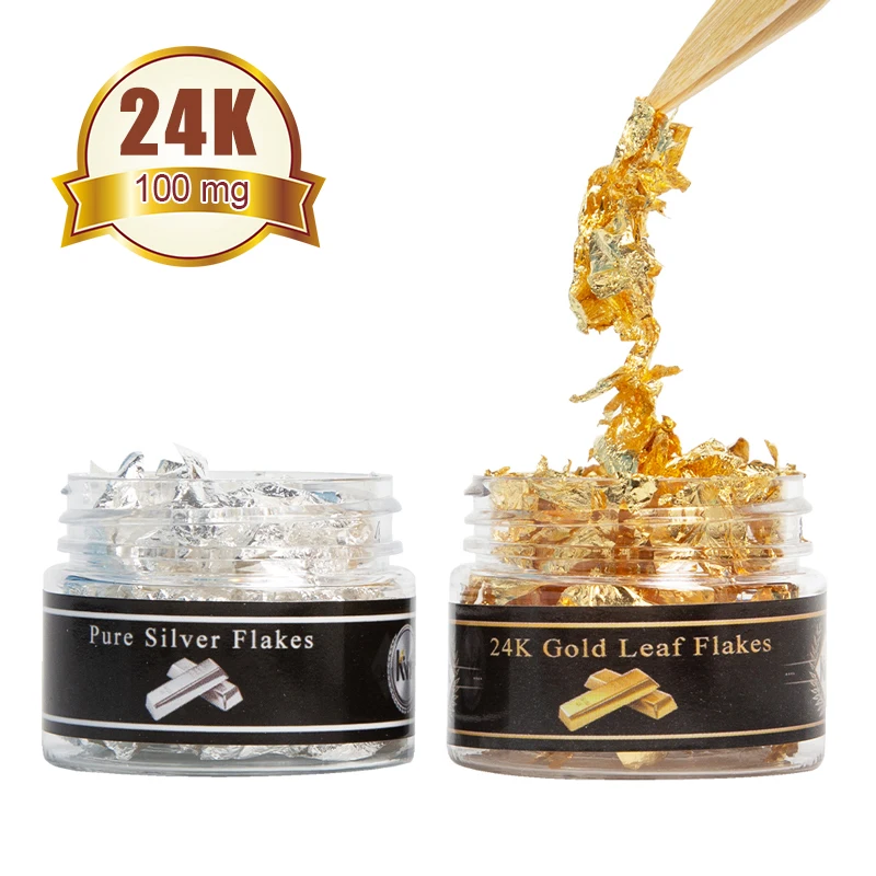 24K Pure Gold Pure Silver Set Gold Foil Flakes for Cake Decoration Chocolate Eating Wine Art Food Grade Laminated 0.1g /Bottle