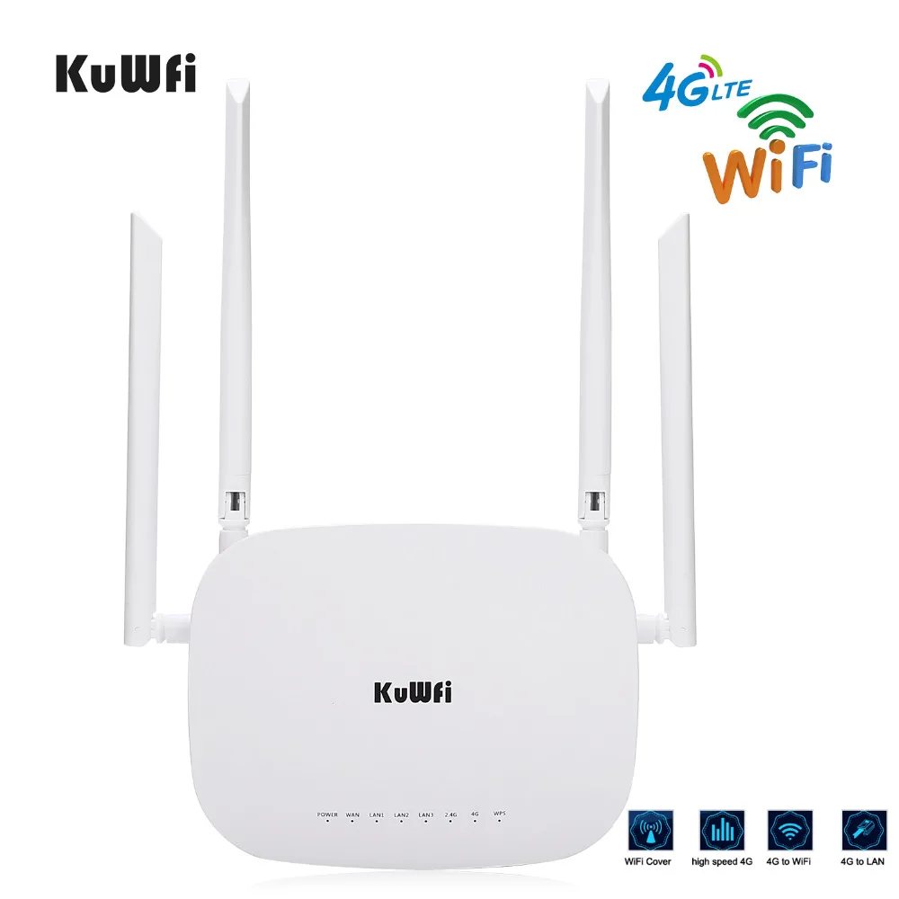 KuWFi 4G LTE Wifi Router 300Mbps 3G/4G Wireless CPE Router with Sim Card Slot Support 4G to LAN With 4pcs Antennas up to 32users