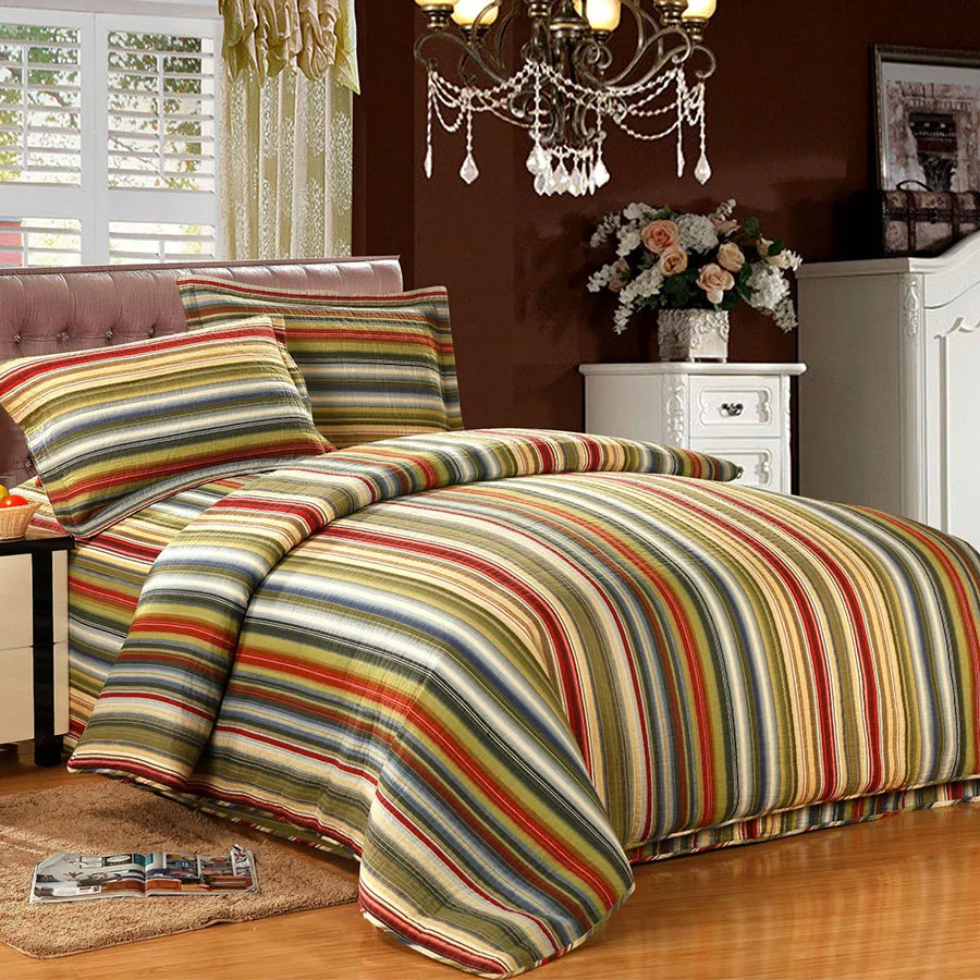 

Rainbow Stripe Print 100% Cotton Quilt Set 3-Piece Lightweight Summer Bedspread Minimalist Reversible Home Decor Comforter
