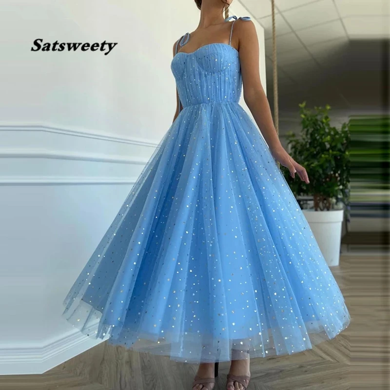 

Fairy Blue Princess Prom Dresses Sparkly Starry Tulle Strapless Short Prom Gowns Pleated Tea-Length A-Line Formal Party Gowns