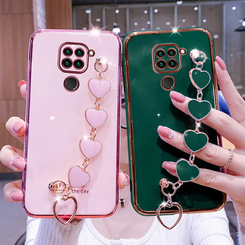 Wrist Bracelet Phone Case For Redmi Note9 Case Luxury Heart Chain Plating Cover Capa Xiaomi Redmi Note 9 Pro Max Note9s Silicone