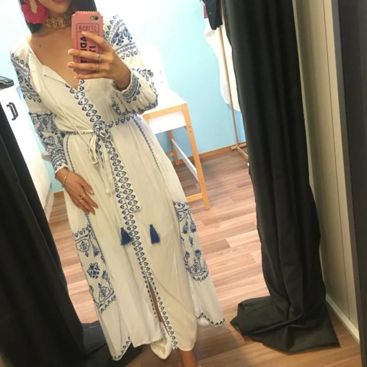 Imagem -05 - Vestido Maxi Jastie Bahia para Mulher Manga Comprida Bordado Vintage Boho Praia Hippie Solto Verão Outono 2023