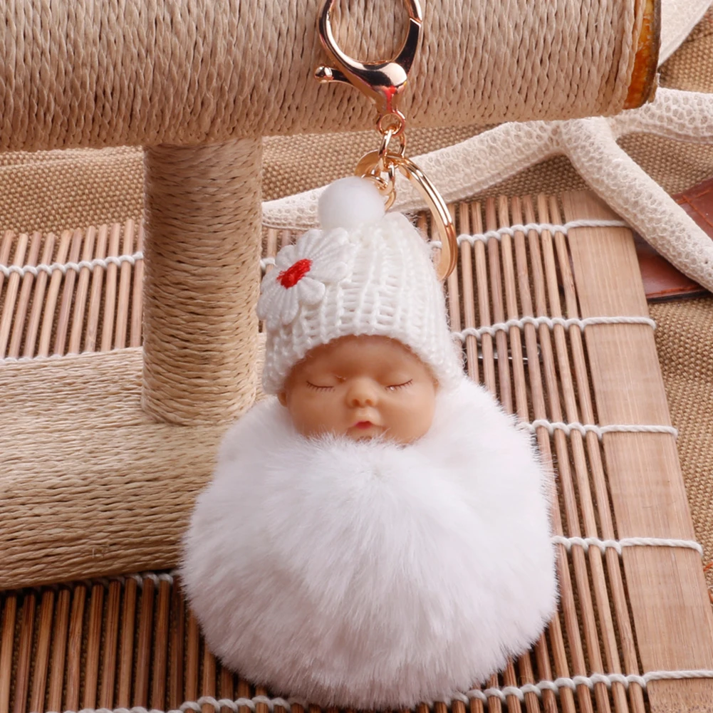 Sleeping Baby Fluffy Pompom Plush Doll Hanging Pendant Key Ring Keychain Birthday Gift Wind Chimes Hanging Ornament Decorations