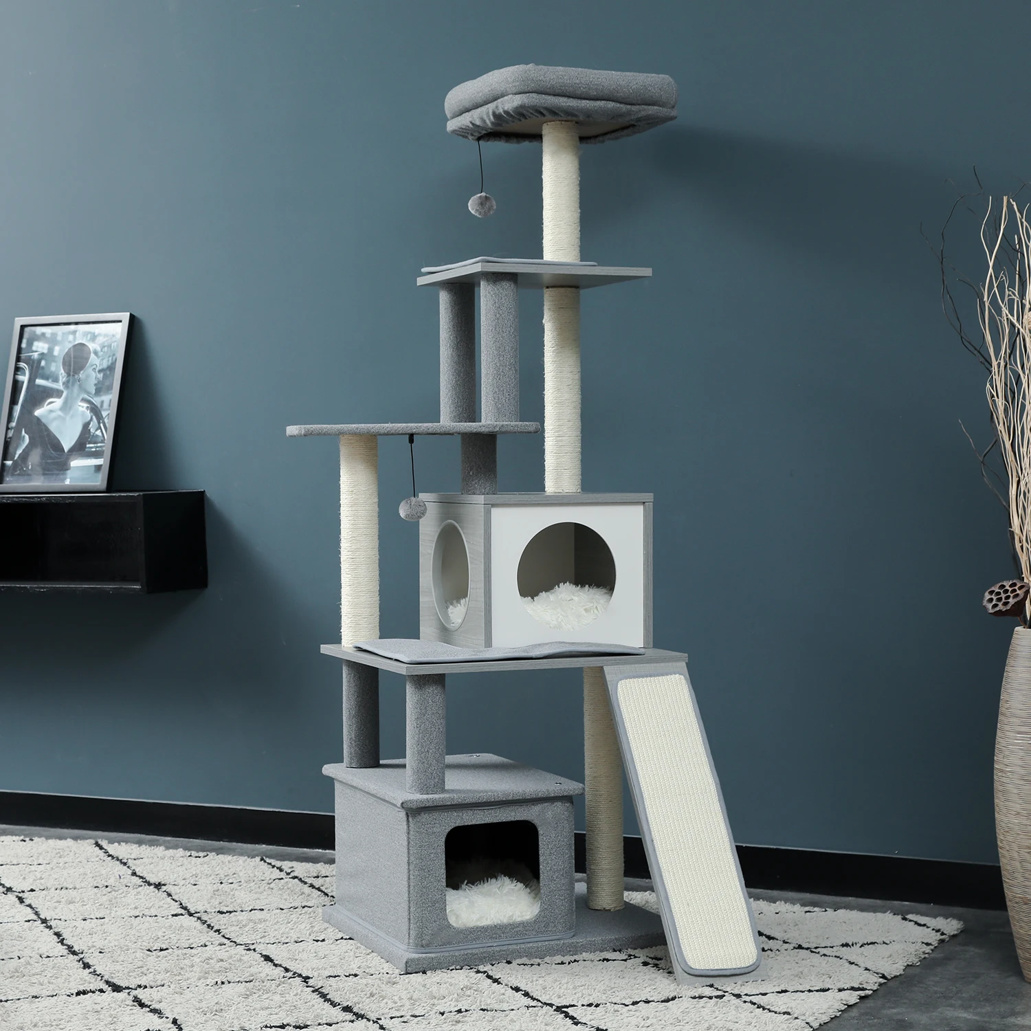 Pet Cat Tree House Condo Perch Playground Stable Furniture for Kitten Multi-Level Play Tower for Large Cats Cozy Nest Solid Wood