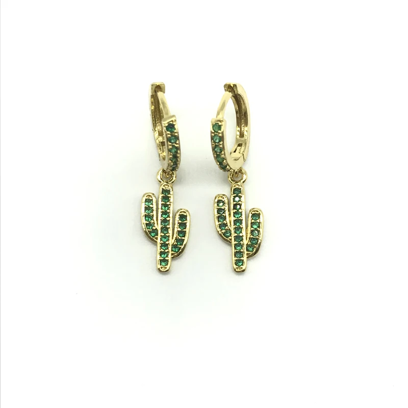 

5Pairs/lot Unique Green Cubic Zirconia Cactus Shape Plant Drop Earrings