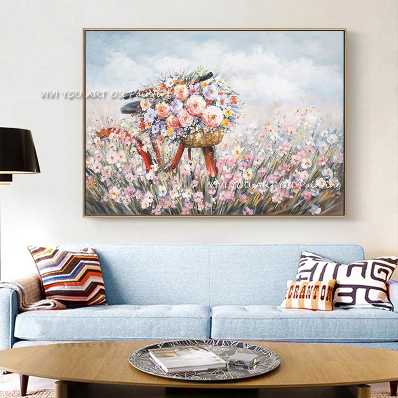 100% Handmade Flower Bike Beach Sea View Pink Blue Modern Thick Oil Painting On Canvas Handpainted Textured Wall Art For Office