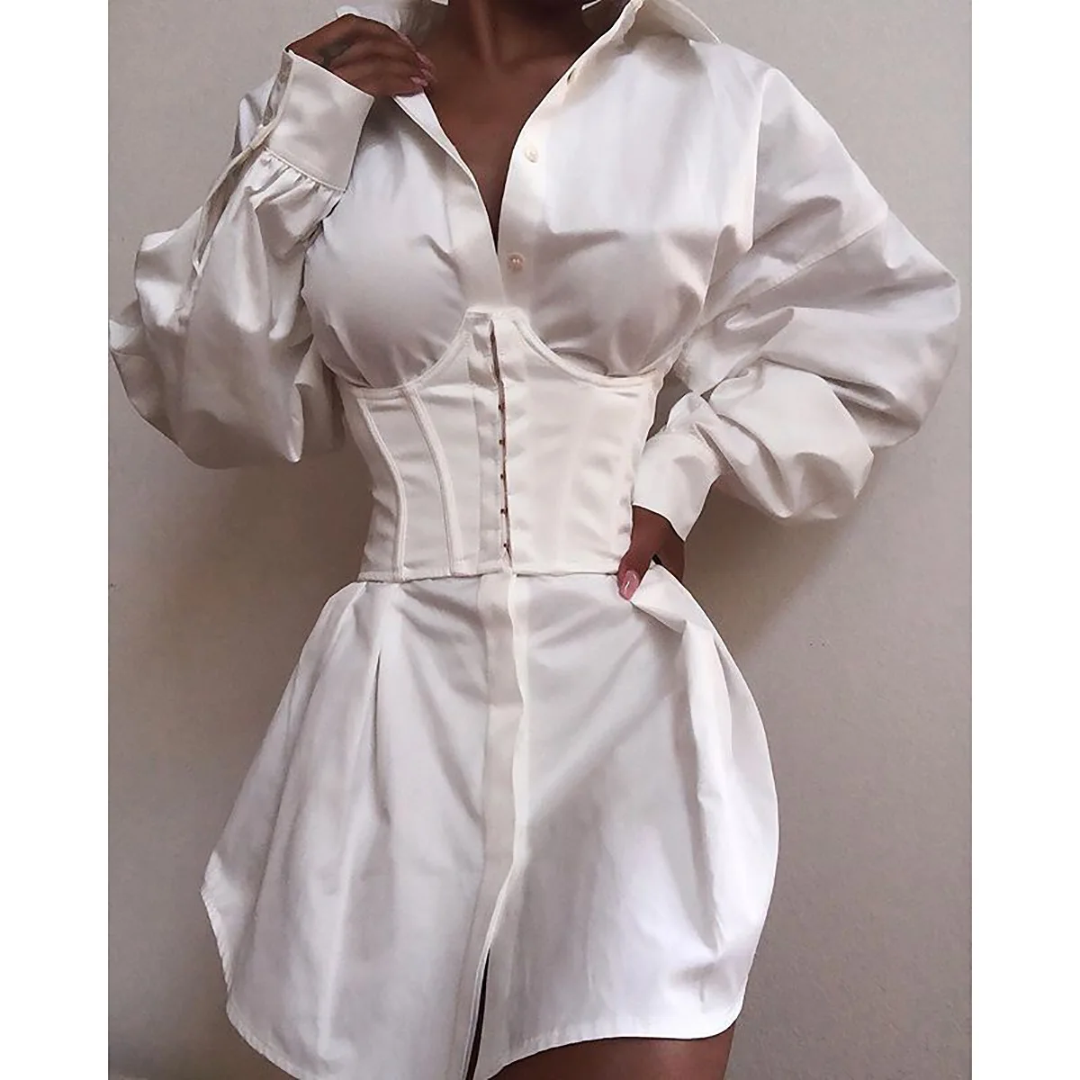 Stale\'s new cross-border ebay independent station solid color dark v pleated waist sexy shirt dress