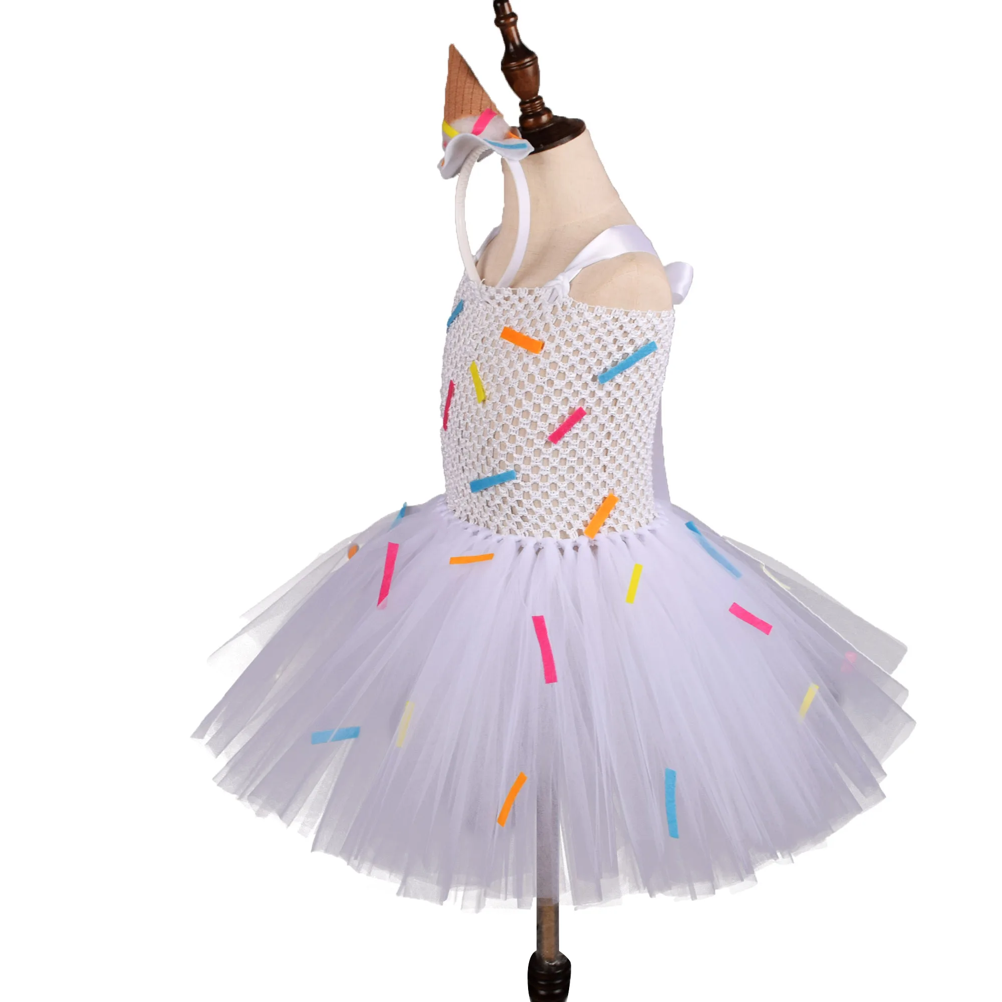 White Candy Dount Tutu Dress for Girls Birthday Party Costume Kids Dance School Performance Halloween Costume with Headband set