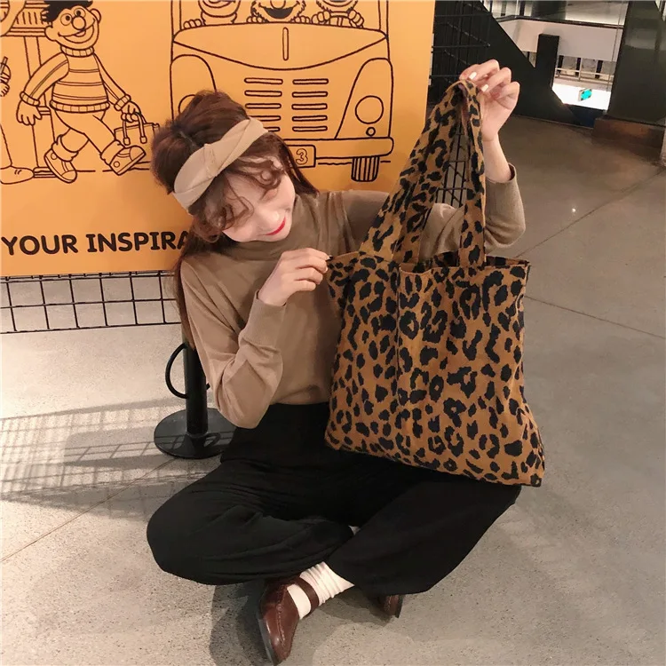 Leopard Print Women Shoulder Bags Vintage Ladies Corduroy Vest Bag Large Capacity Female Reusable Shopping Handbags Casual Tote