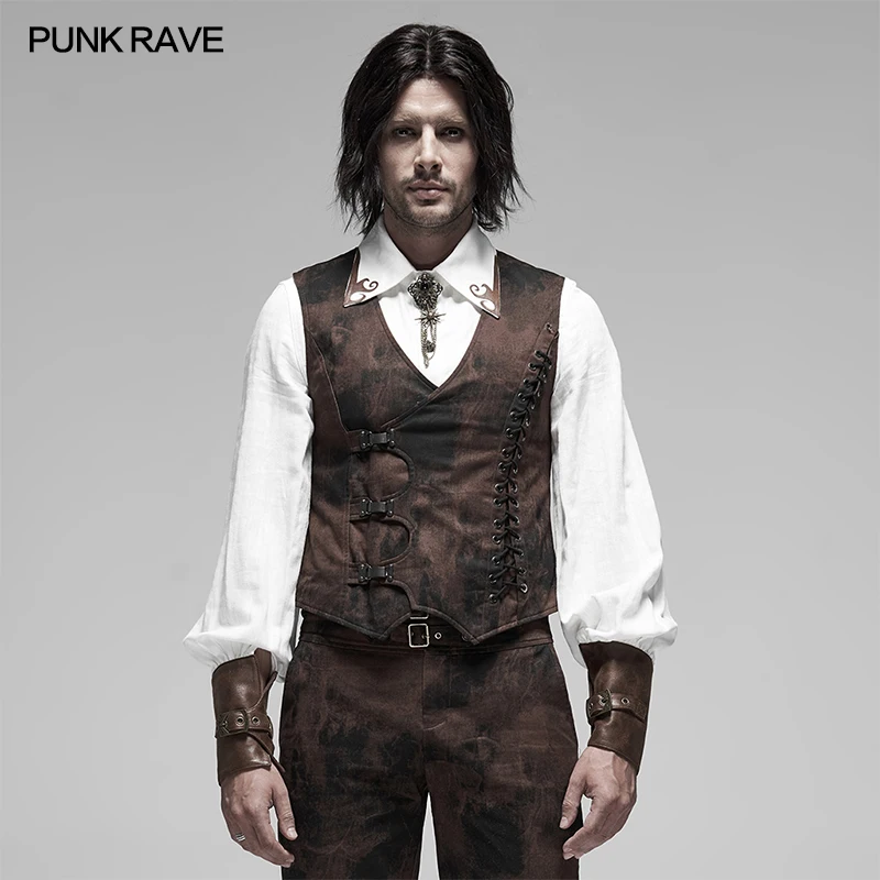 

PUNK RAVE Men's Steampunk Mottled Stripes Vest Punk Slim Fit Irregular Hem Sleevelss Gothic Fashion Men Short Waistcoat Vests