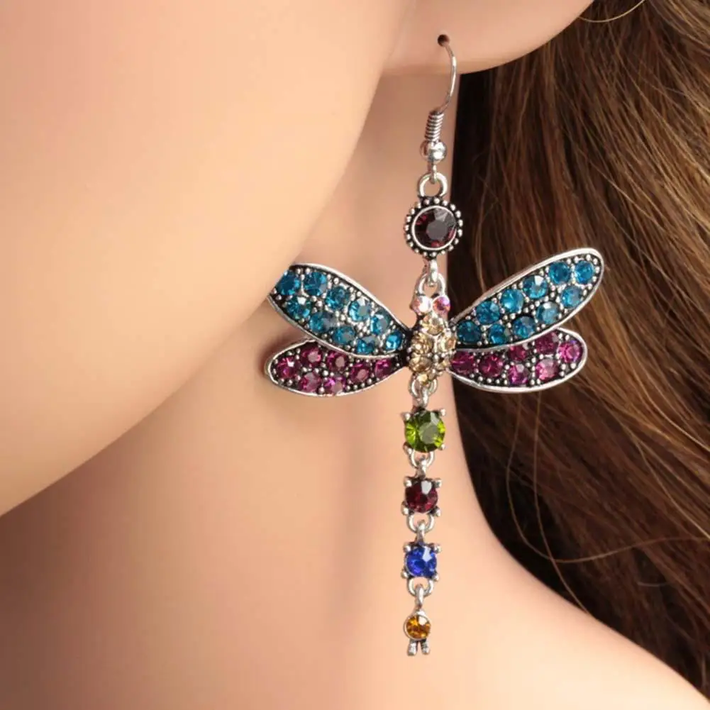 Retro Women Rhinestone Inlaid Dragonfly Shaped tassel Charm Hook Earrings Jewelry Gift New Animal Earrings Woman's accesories ne