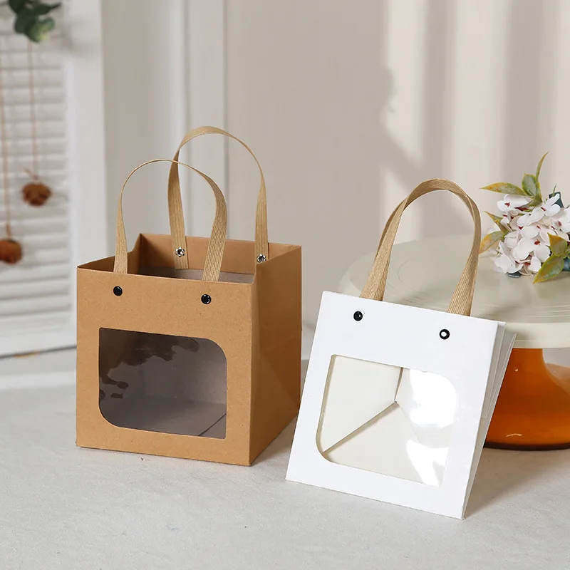 Kraft Paper Bag for Gift Packaging, Simple Open Window Gift Bag, Square Bottom, Party Decoration, Portable, 10PCs