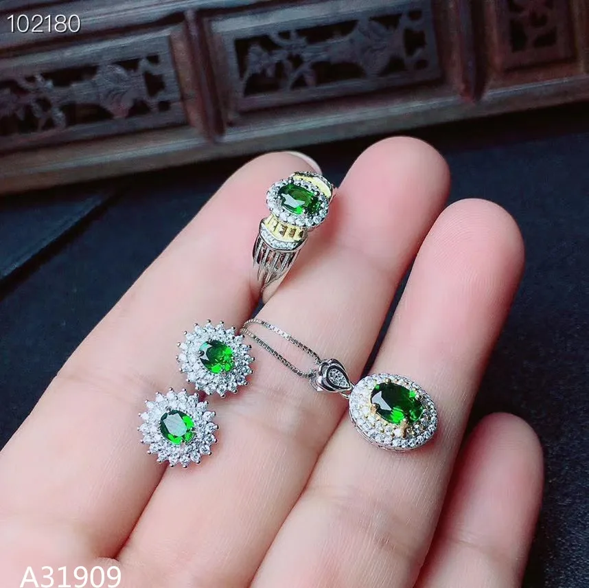 

KJJEAXCMY Fine jewelry 925 sterling silver inlaid natural diopside gemstone female earrings ring pendant set support detection l