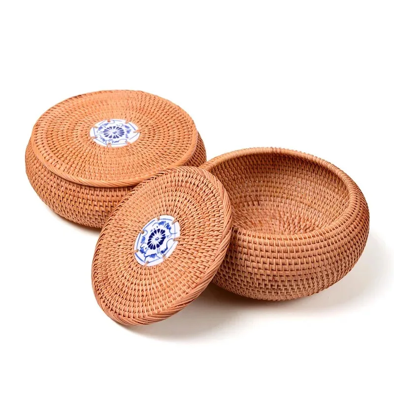 

100% handmade Vietnam Autumn Rattan tea caddy Pu'er tea box tin decorative tea tins round storage cans small lagre tea basket