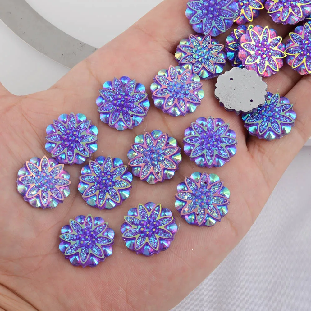 BOLIAO AB Color 15Pcs 18mm( 0.71in ) Flower Resin AB Color With Two Hole Purple Rhinestone Flatback Buttons Clothes Crafts DIY