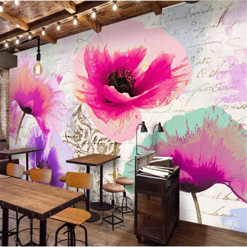 

wellyu Customized large mural environmental poppy flower nordic oil painting english alphabet background wallpaper Papel de pare