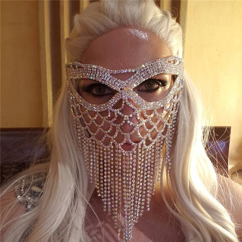 Handmade Luxury Rhinestone Long Tassel Mask Fashion Sexy Masquerade Face Jewelry Mask Halloween Party Accessories Woman Gift