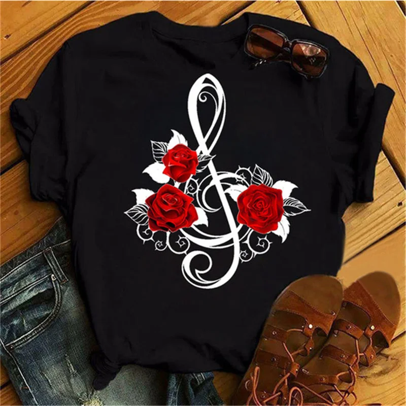 New Harajuku Women\'s T-shirt Fashion Creative Reose Musical Note Printed T Shirt Casual Shirt Short-sleeved Female Tshirt