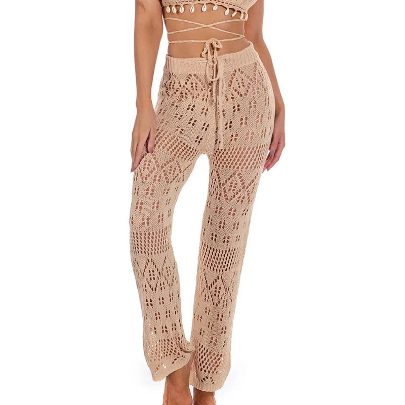 

Women Summer Hollow Out See-Through Mesh Pants Beach Swimsuit Cover Up Crochet Drawstring High Waist Wide Leg Trousers