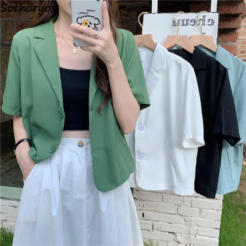 

Blazers Women Solid Chic Thin Single Breasted Office Lady Short Sleeve Blazer Streetwear Korean Style Casual Daily Stylish Retro