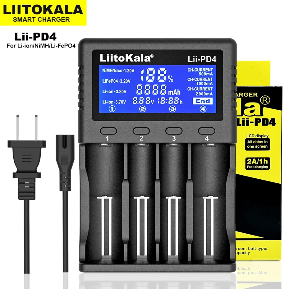 Liitokala Lii-PD2 Lii-PD4 LCD 3.2V 3.7V 3.8V 1.2V 25500 18650 18350 26650 20700 14500 NiMH Lithium LiFePO4 Battery Charger