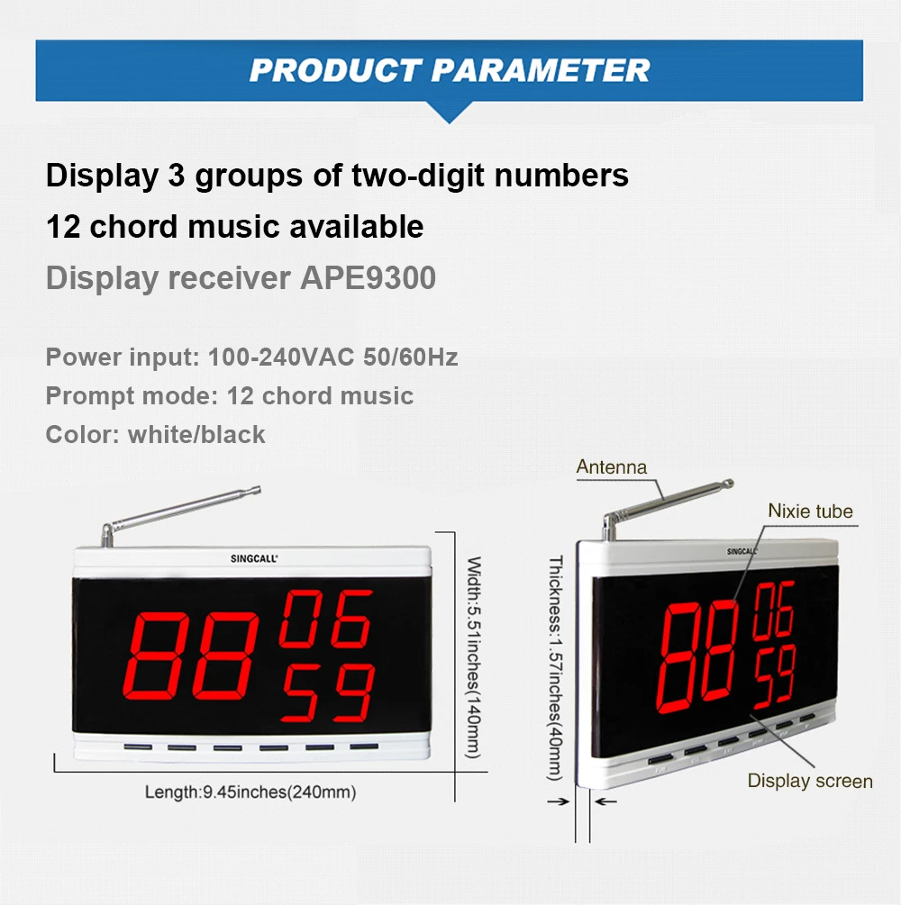 SINGCALL Wireless Service Paging System, to Call Waiter,APE9300 White Display Receiver, Display 3 Groups Numbers