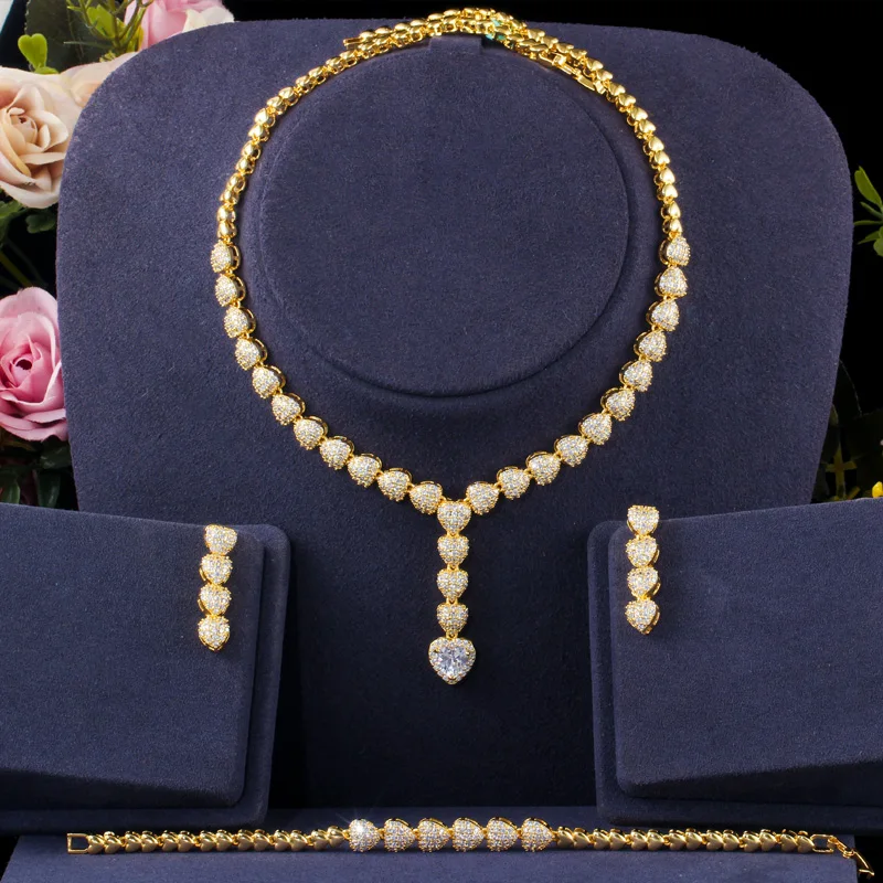 CWWZircons Love Heart Women Party Costume Jewelry Set African Gold Plated Wedding Necklace Earrings Bracelet for Brides T401