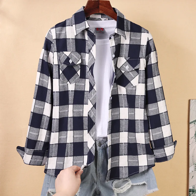 Cotton Plaid Shirts Women Tops And Blouses 2024 Brand Casual Long Sleeve Plus Size Blouse Ladies Preppy Style Shirt Blusas 5XL