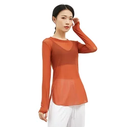 Modern Dance Shirt Women Long Sleeve Mesh Top With Thumb Hole Sexy Transparent Gauze Folk Dance Classical Dance Practice Clothes