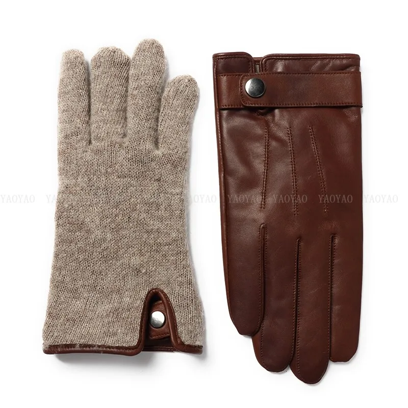 Men Winter Warm Genuine Leather Wool Gloves Male Crafted Lined Thicken Hot WindProof Riding Mittens Woollen Brown Dress Luvas