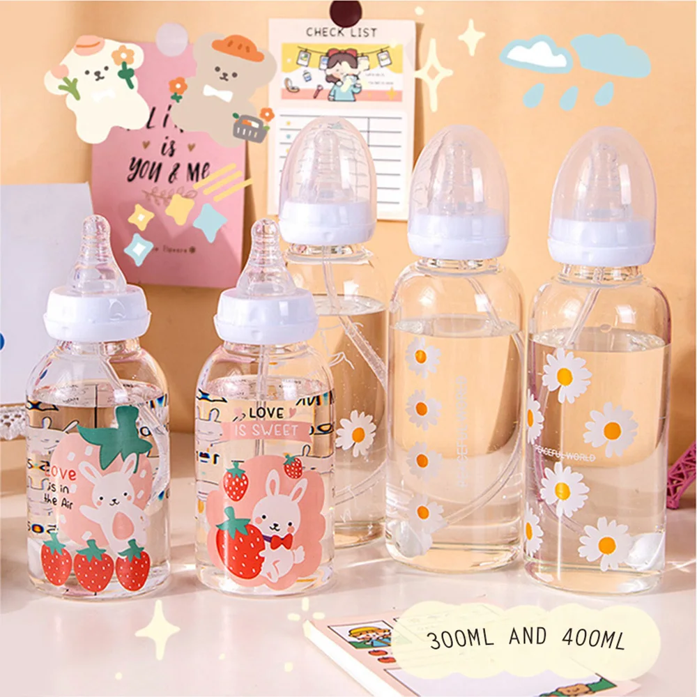 Creative Cute Adult Pacifier Water Bottle With Straw Lovely Daisy Glass Feeding Bottle Portable Kids Student Drinking Bottles