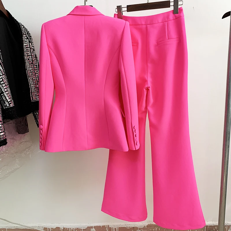 HIGH STREET Newest Fashion 2024 Designer Suit Set Women\'s Single Button Slim Fit Blazer Flare Pants Suit two-piece Hot Pink