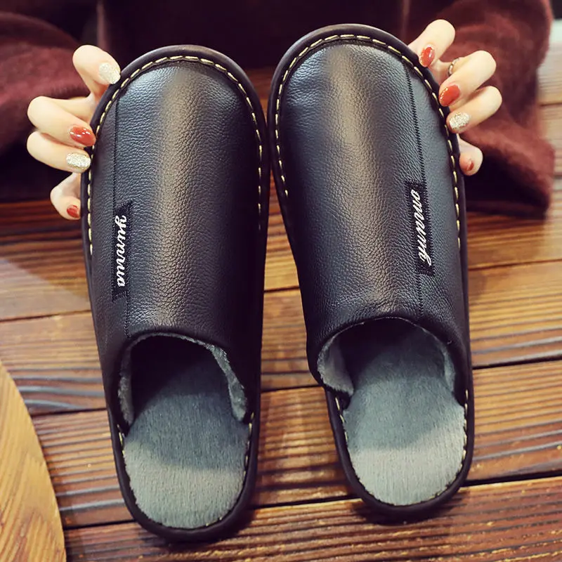 Autumn and winter cow skin cotton slippers men\'s and women\'s indoor antiskid warm waterproof couple leather cotton slippers