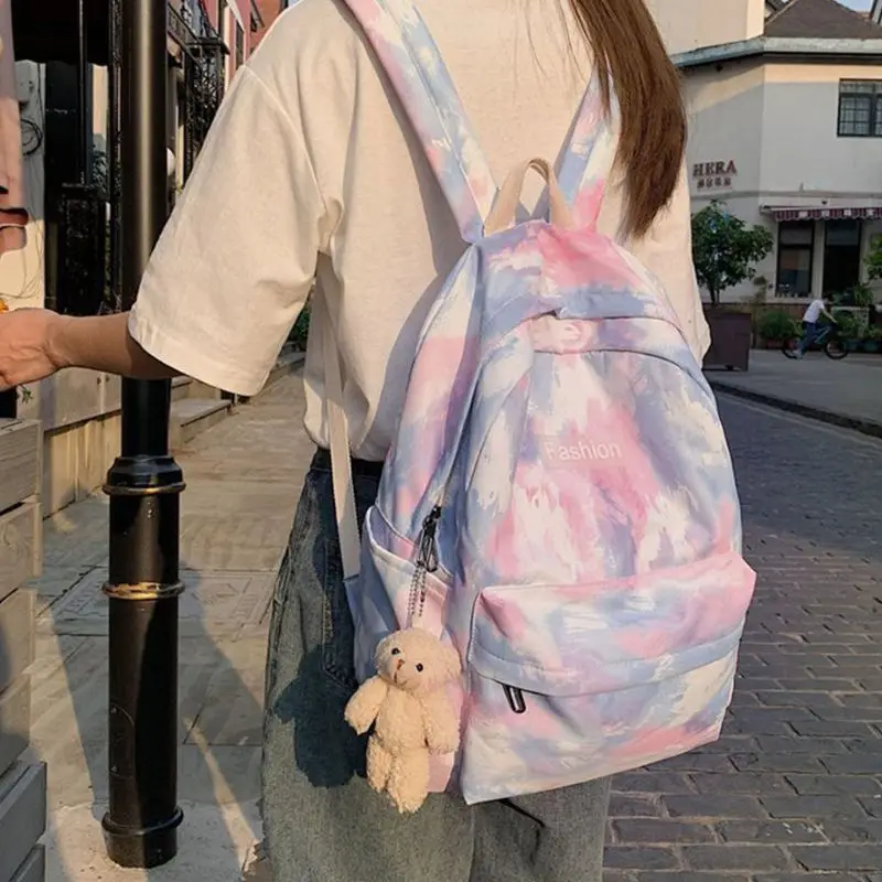 

Women Backpack Tie Dye Mixed Color Nylon School Bookbag Daypack Rucksack Shoulder Bag for Teenager Girls