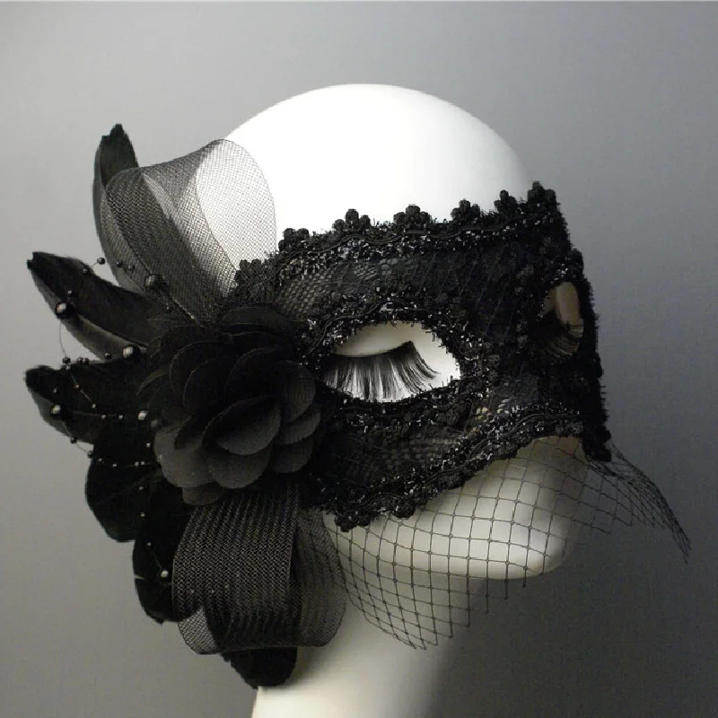 Lace Feather and Flower Masquerade Masks, Black and White Beauty Mask, Princess Halloween Mask