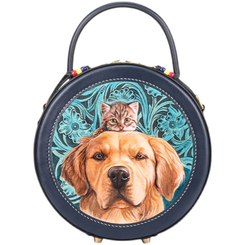 

Handmade Vintage Women Vegetable Tanned Leather Pets Handbags Lady Circular Cow Leather Bag Carving Bags