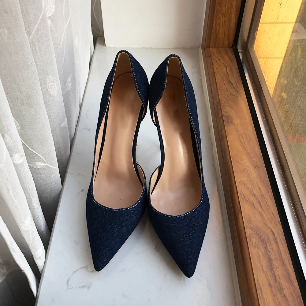 Tikicup Navy Blue Women Denim Fabric D\'Orsay High Heel Shoes 8cm 10cm 12cm Pointy Toe Elegant Stiletto Pumps Comfortable Soft