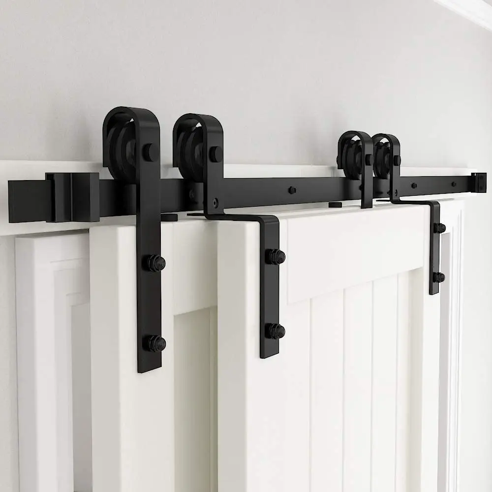 Imagem -02 - Porta Deslizante Haccer 4-9ft Kit para Porta de Celeiro Moderno Porta Dupla Ação Aço Carbono Preto Sistema de Gancho Dobrável