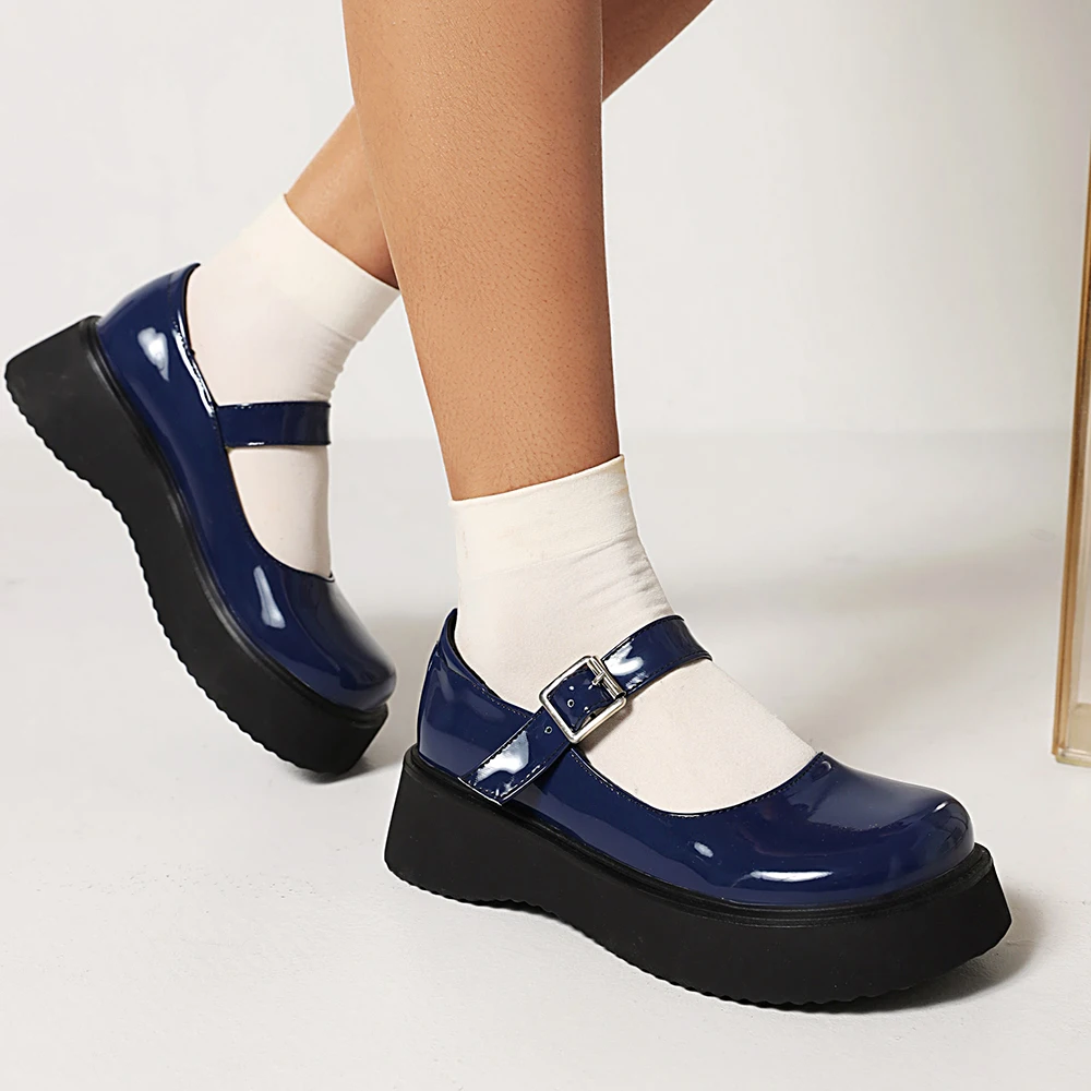 Sweet Dark Blue Mary Jane Shoes Japanese Kawaii Shiny Patent Leather Metal Belt Buckle Women\'s Pumps Platform Heel Shoes