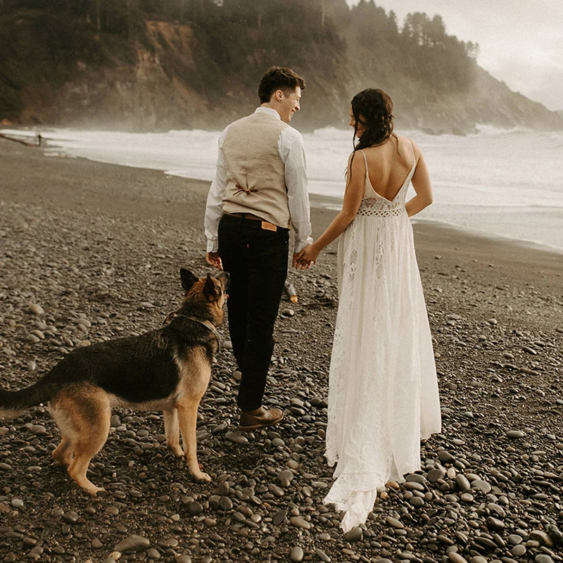 Vestido de novia bohemio de playa con tirantes finos, Espalda descubierta, recorte con cordones, envío directo, destino, cuello en V, vestido de novia de gasa de talla grande