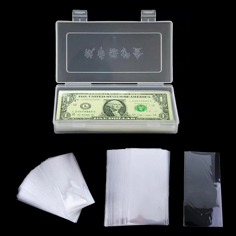 100 Pcs Currency Sleeves with Storage Case, Clear Dollar Bill Holder Protector for Collectors, Plastic Money Holder for Cash