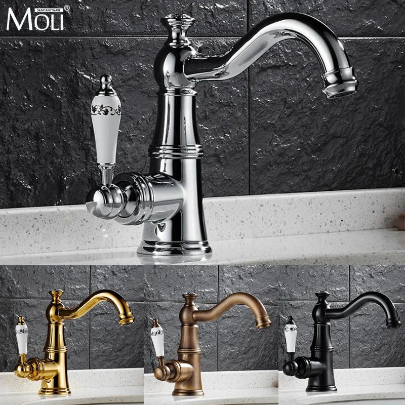 

Bathroom Sink Mixer Tap Brush Nickel Black Brass Antique Hot Cold Basin Faucets Single Handle Deck Mounted Bath Crane MOF1112