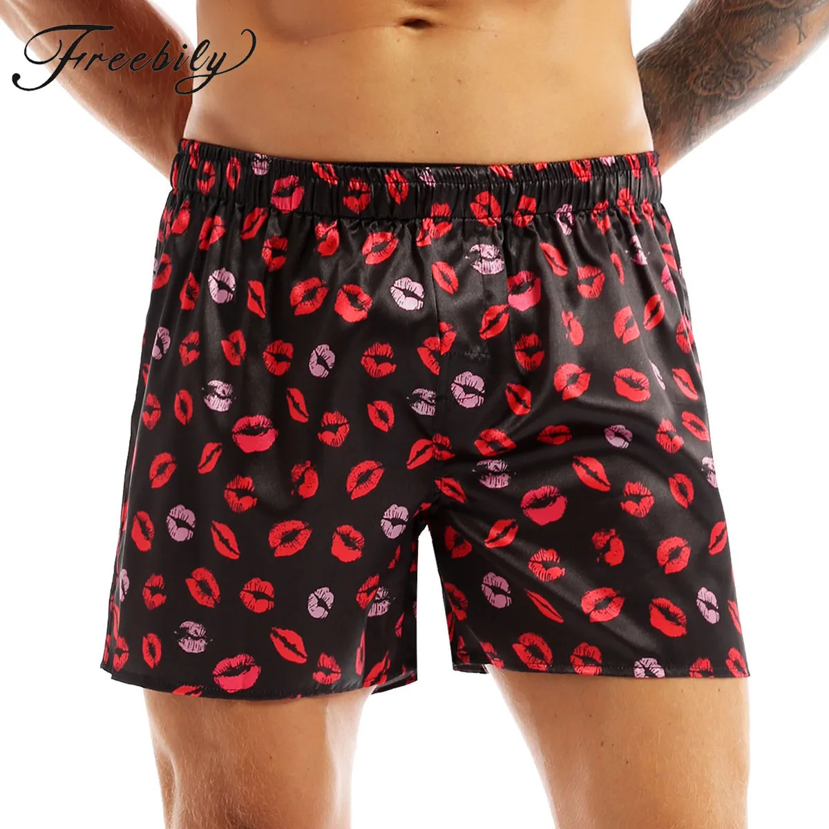 Calção de boxer masculina de seda cetim, calção solta com estampa de coração ou lábio para o verão, pijama esportivo