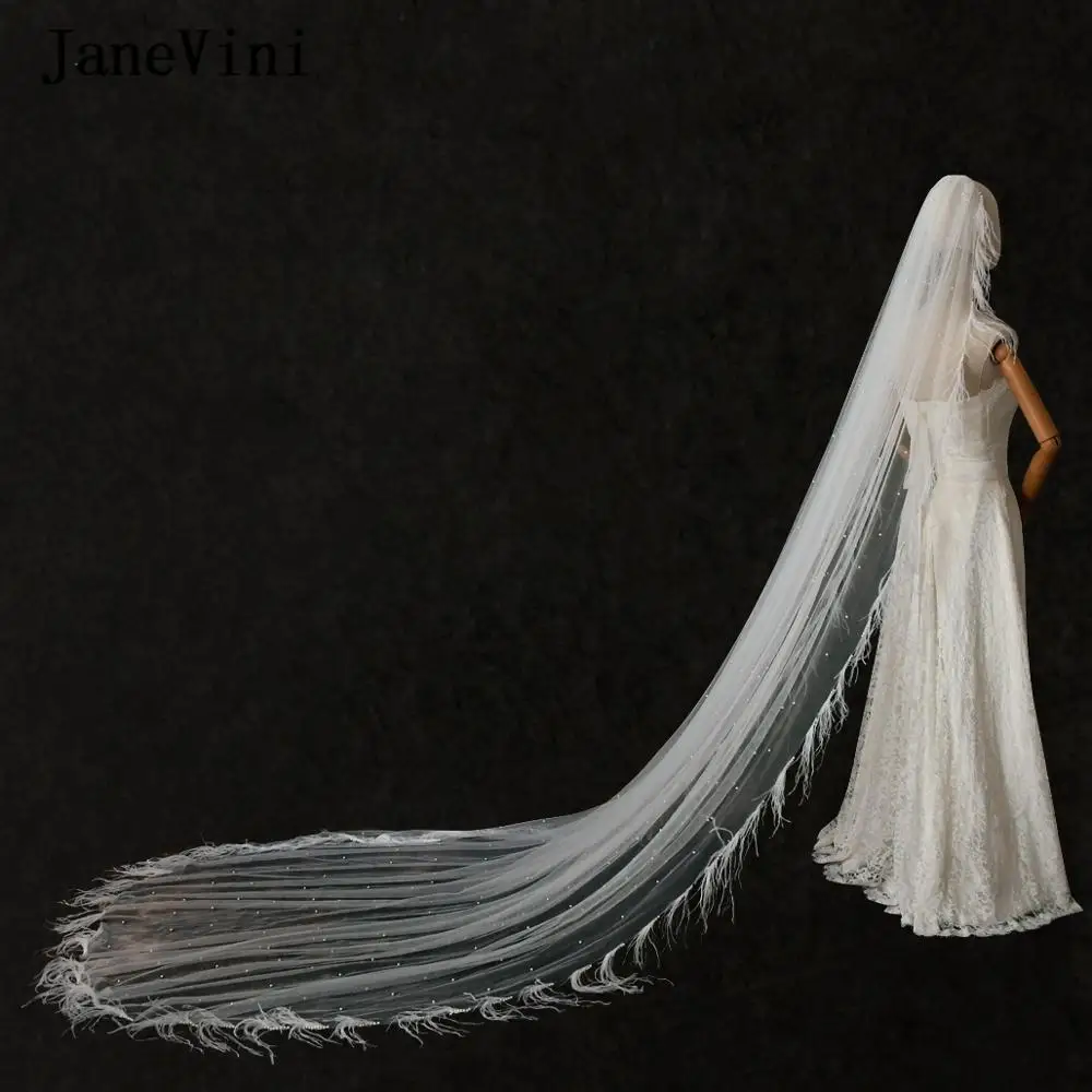 JaneVini 2020 Elegant Cathedral Long Wedding Veils with Comb One Layer Pearls Tulle Bridal Veil Feather Wedding Hair Accessories