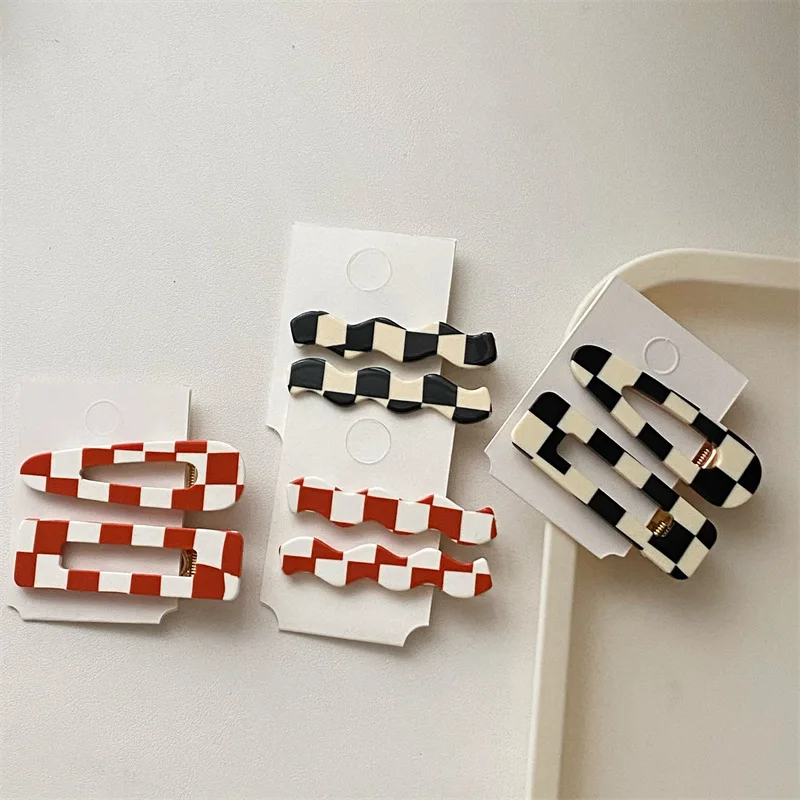 New Checkered Hair Clips Acetate Barrettes Vintage Colorful Grid Plaid Geometric Wave Side Pins for Women Hair Accessories