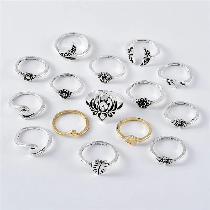 15Pcs/Set Boho Bee Lotus Flower Leaf Ring Set Fashion Wave Shell Fishtail Irregular Rings for Women Personality Jewelry Gifts