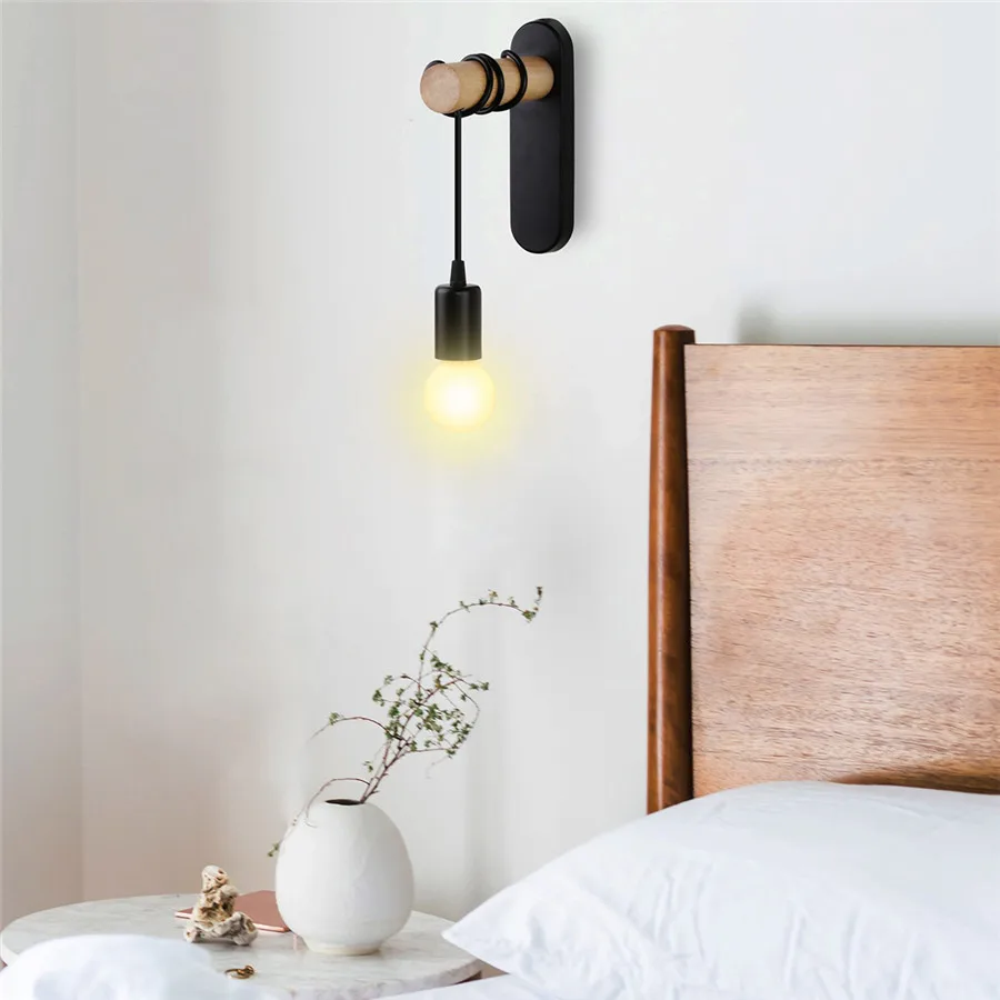 

Modern Minimalist Wall Light Iron Wood Wall Lamp E27 Indoor Home Lighting Decor Kitchen Bedside Bathroom Porch Stair Sconce