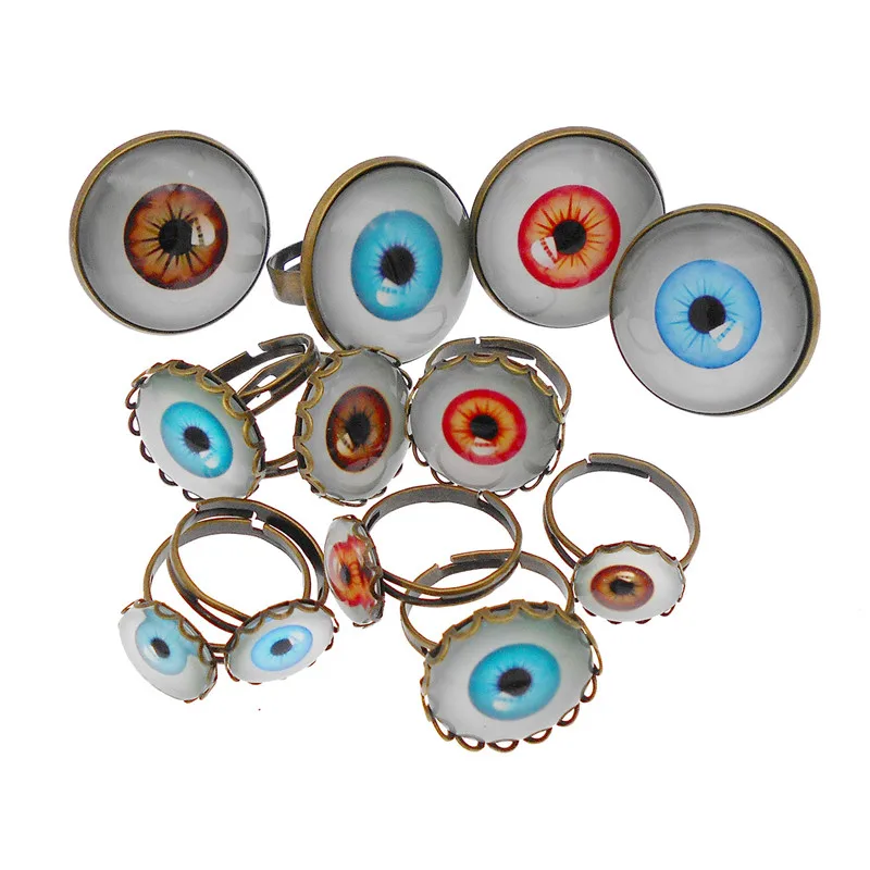 GraceAngie 12pcs Human Eye Cabochons Adjustable Rings Zinc Alloy Men Women Mixed 12/18/25mm