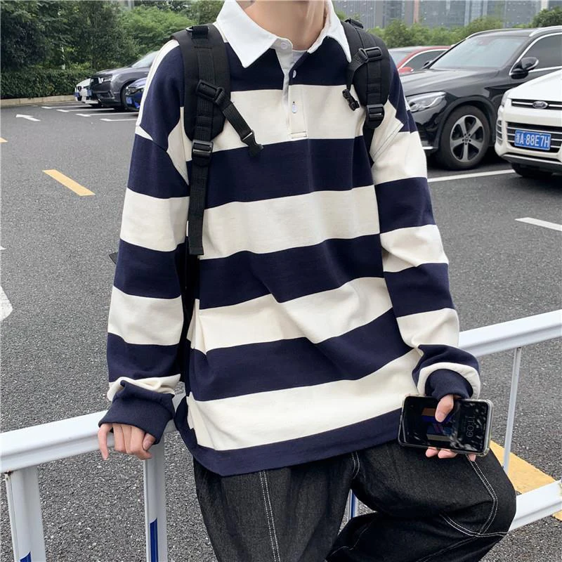 Autumn Striped Hit Color Long Sleeve Men Polo Tshirts Fashion Branded Blue White Yellow Black Japanese Streetwear Plus Size Tops